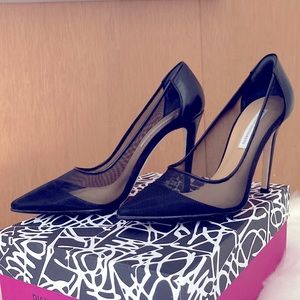 Diane von Furstenberg Black Mesh + Calf Leather Stiletto Heels Pumps US Women 8